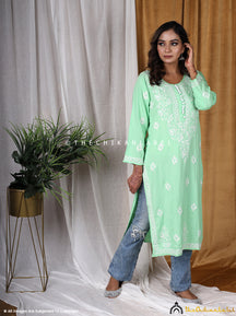 Sea Green Rayon Straight Chikankari Kurti