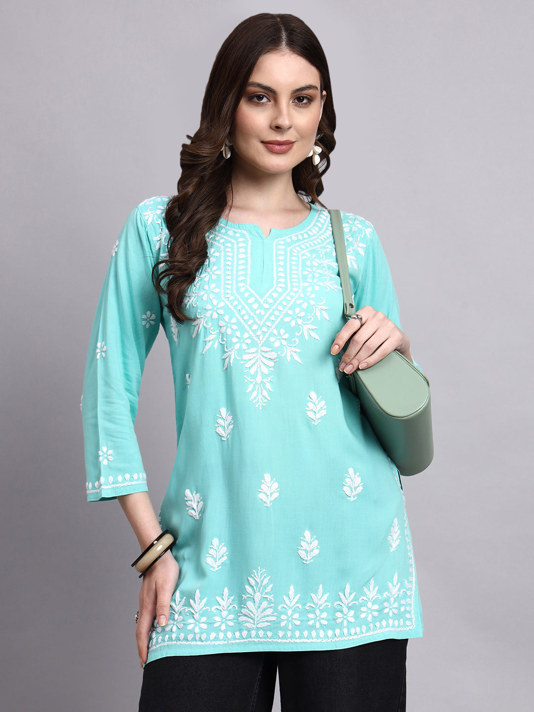 Ethnic rayon short kurta with fine chikankari embroidery on front, sleeves, and hemline