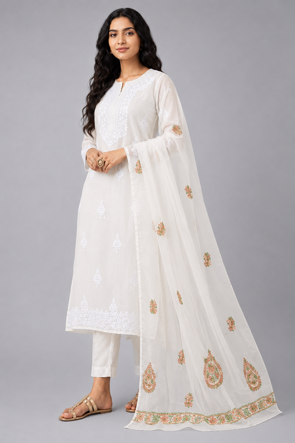 Orange Semi Organza Chikankari Dupatta