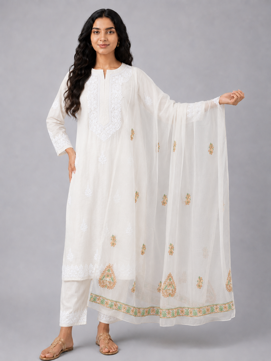 Orange Semi Organza Chikankari Dupatta