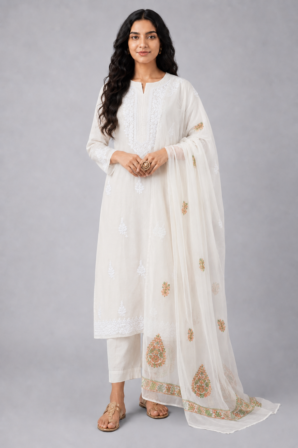 Orange Semi Organza Chikankari Dupatta