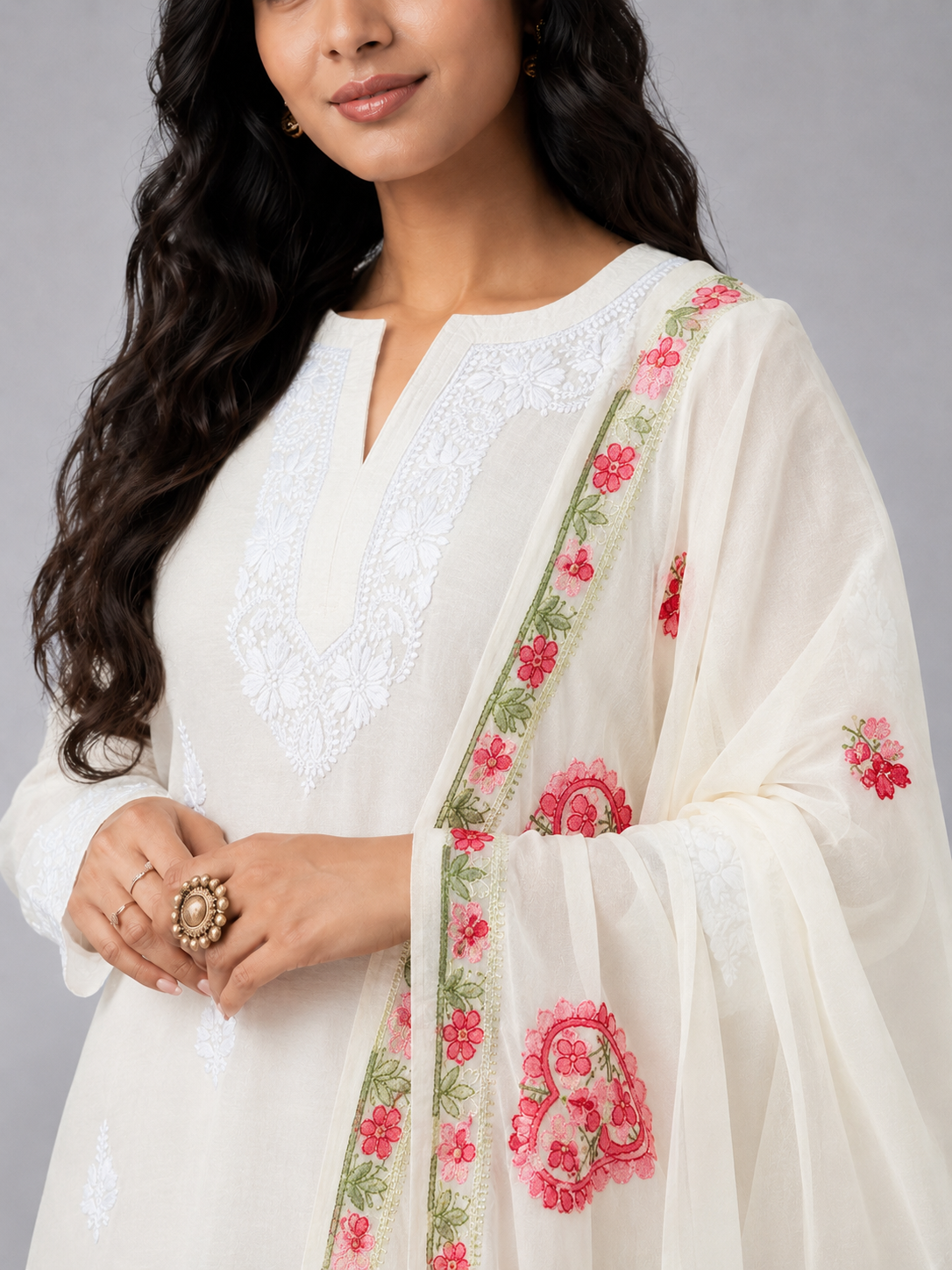 Pink Semi Organza Chikankari Dupatta