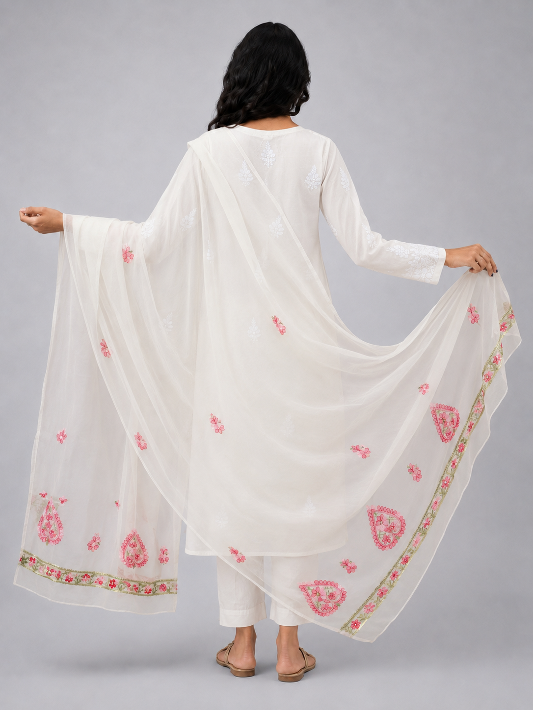 Pink Semi Organza Chikankari Dupatta