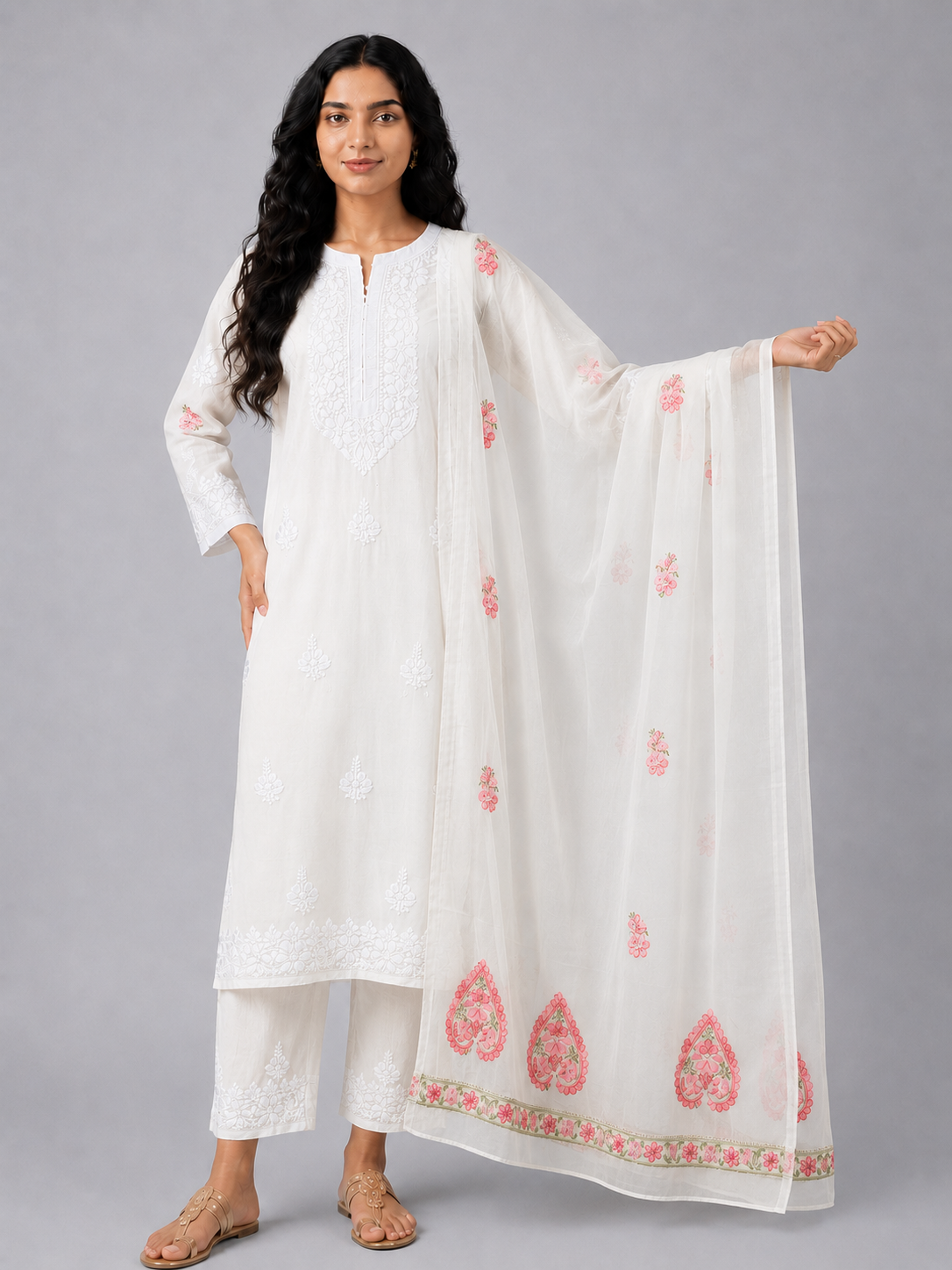 Pink Semi Organza Chikankari Dupatta