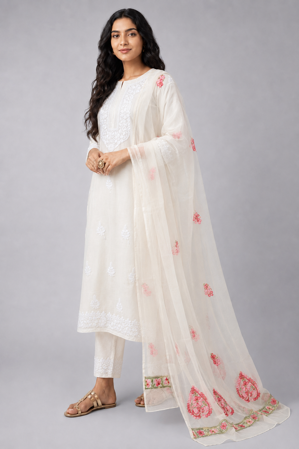 Pink Semi Organza Chikankari Dupatta
