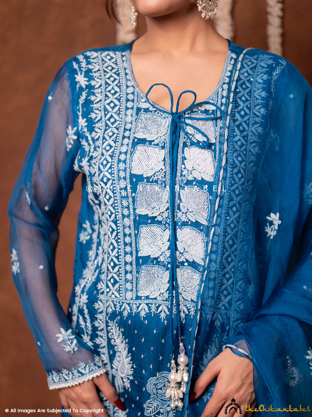 Serah Organza Chikankari Kurta Set with Dupatta - Blue