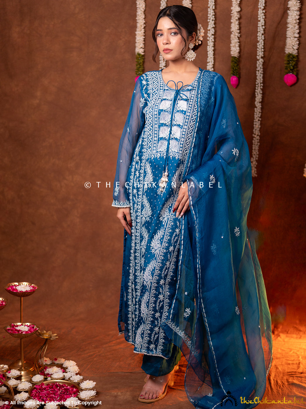 Serah Organza Chikankari Kurta Set with Dupatta - Blue
