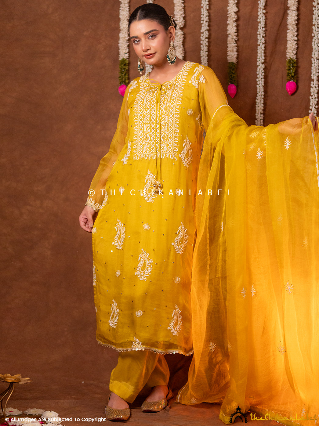 Serah Organza Chikankari Kurta Set with Dupatta - Yellow