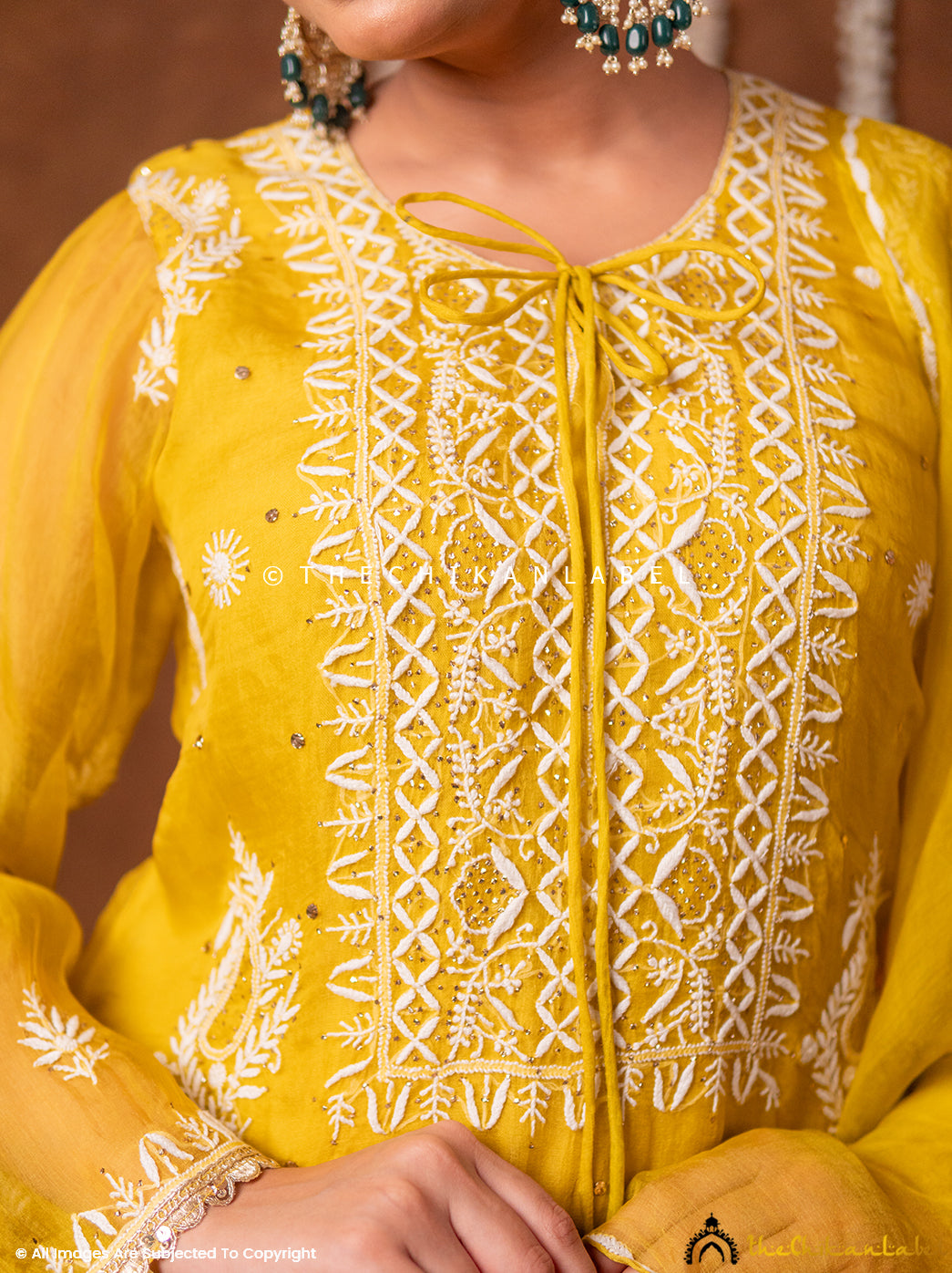 Serah Organza Chikankari Kurta Set with Dupatta - Yellow