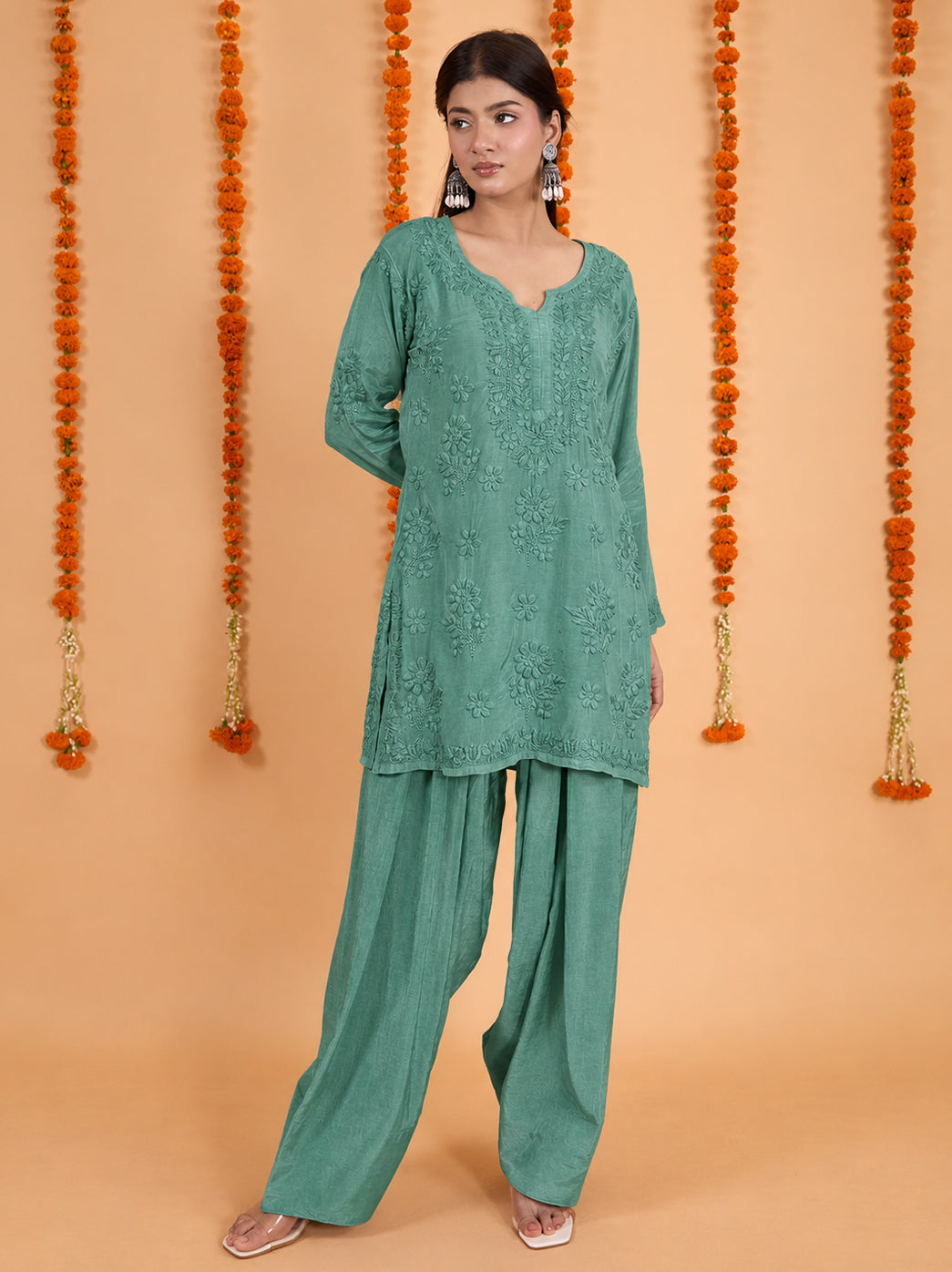 Shagun Muslin Chikankari Kurti Farshi Set - Green