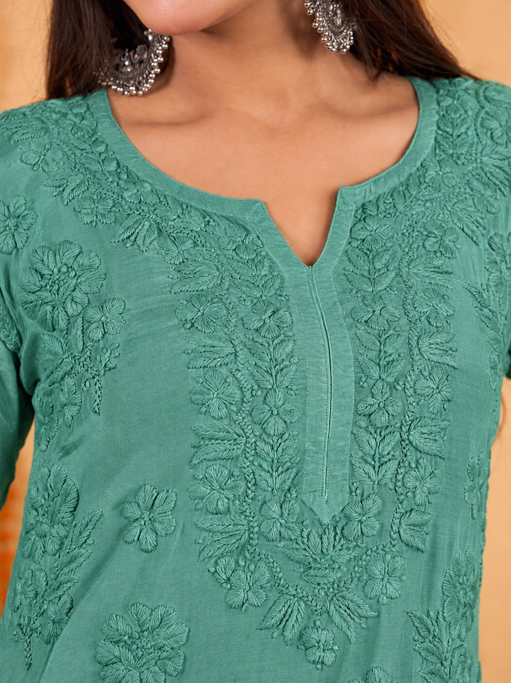 Shagun Muslin Chikankari Kurti Farshi Set - Green