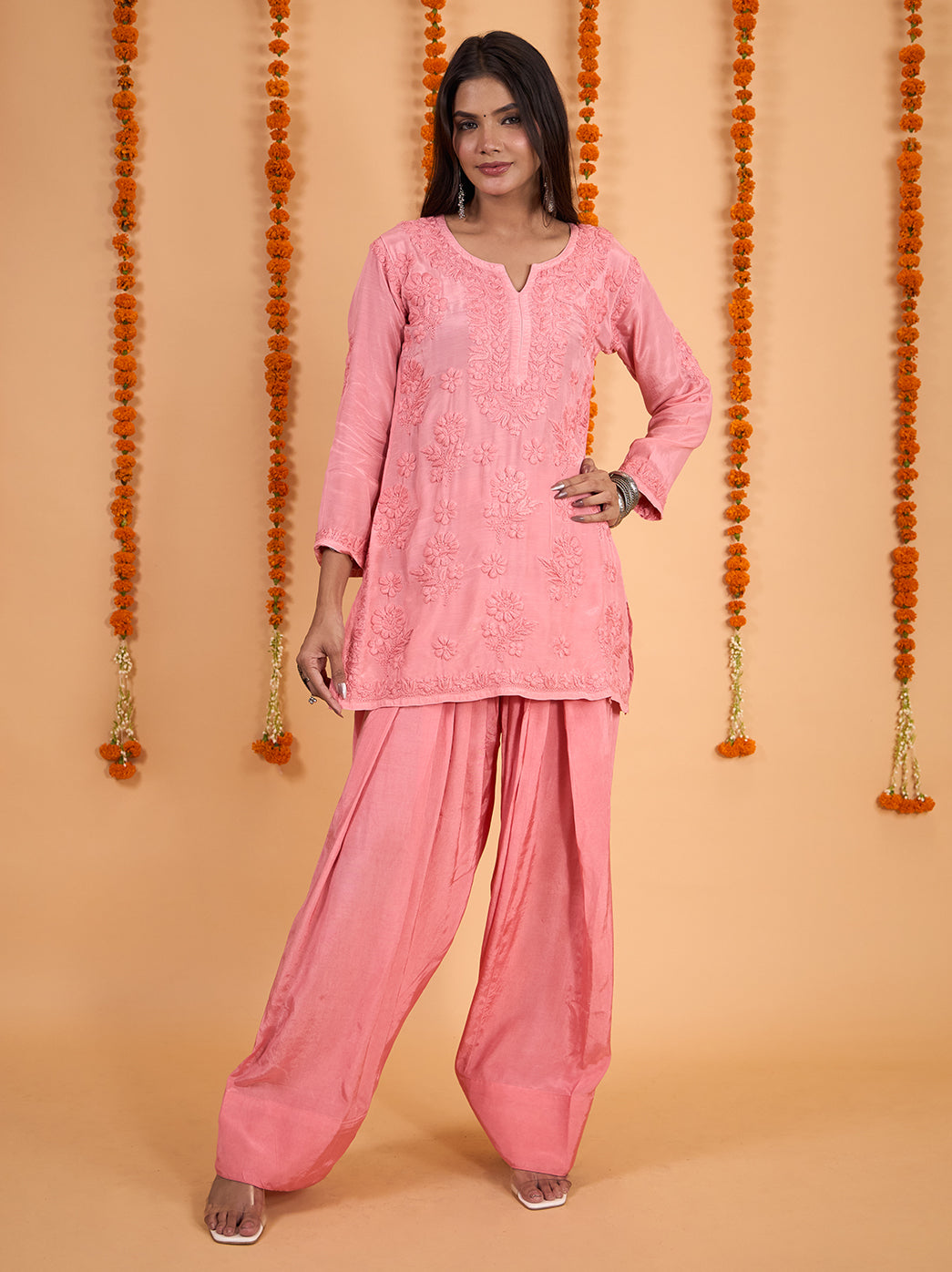 Shagun Muslin Chikankari Kurti Farshi Set - Rose Pink