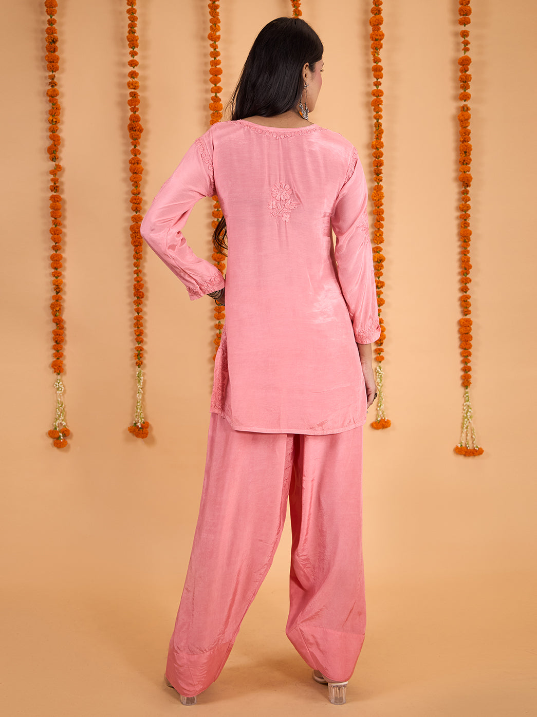 Shagun Muslin Chikankari Kurti Farshi Set - Rose Pink