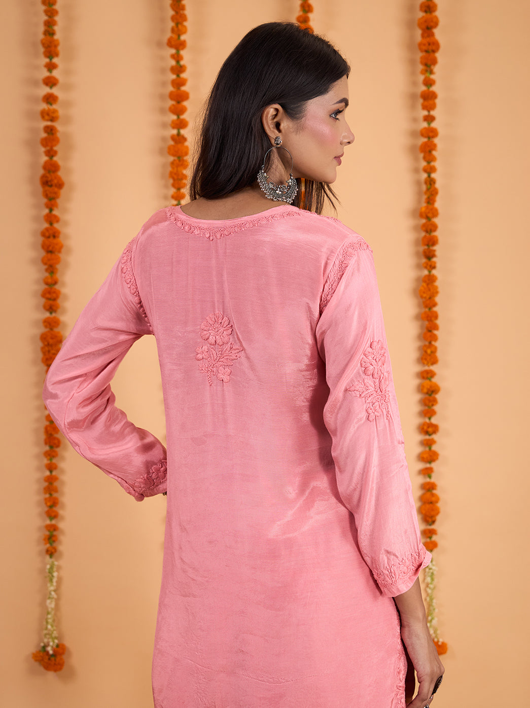 Shagun Muslin Chikankari Kurti Farshi Set - Rose Pink