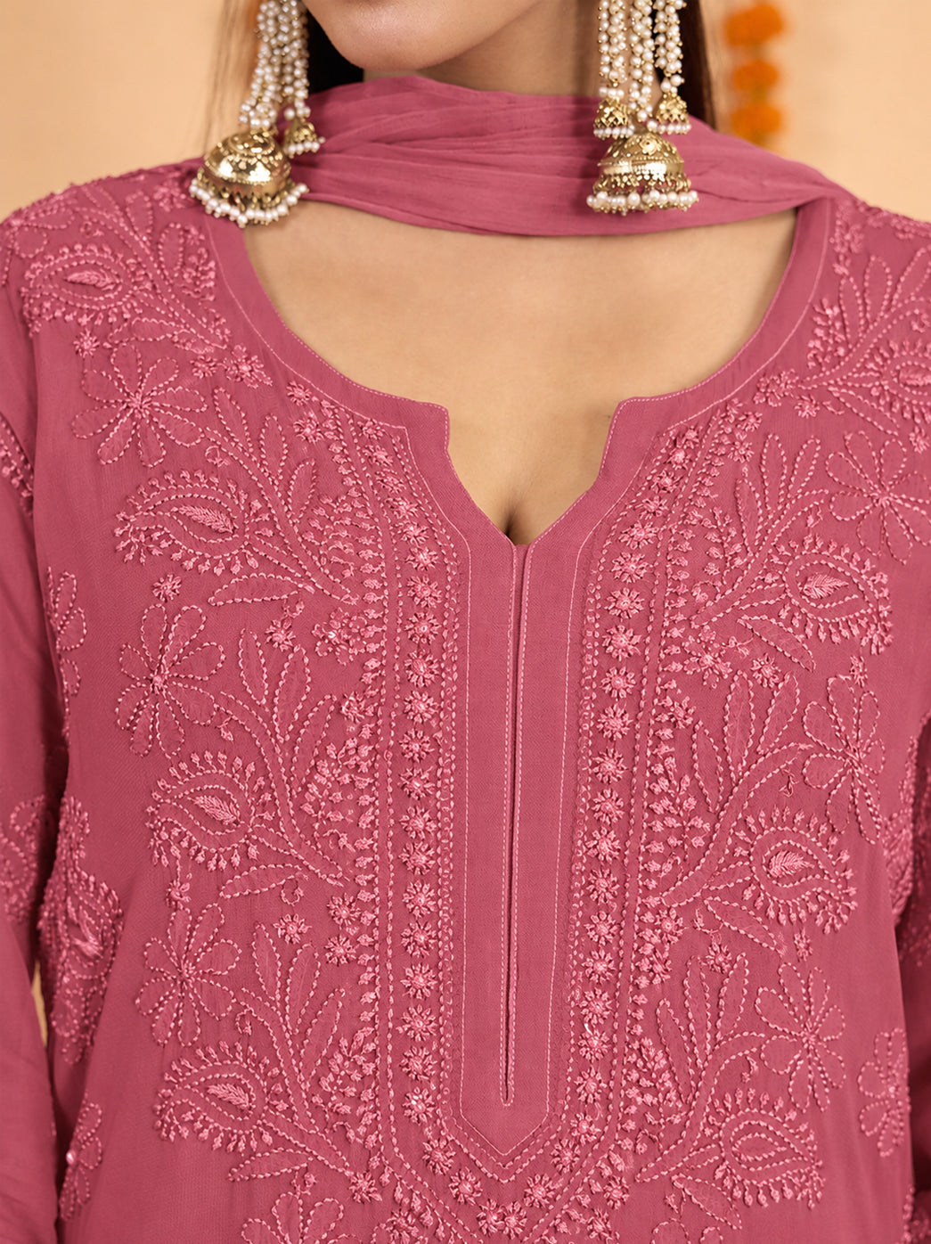 Shahana viscose Chikankari kurti set shown in a full-length front view, with an embroidered slit neckline, straight silhouette, palazzo pants and a dupatta draped around the neck.