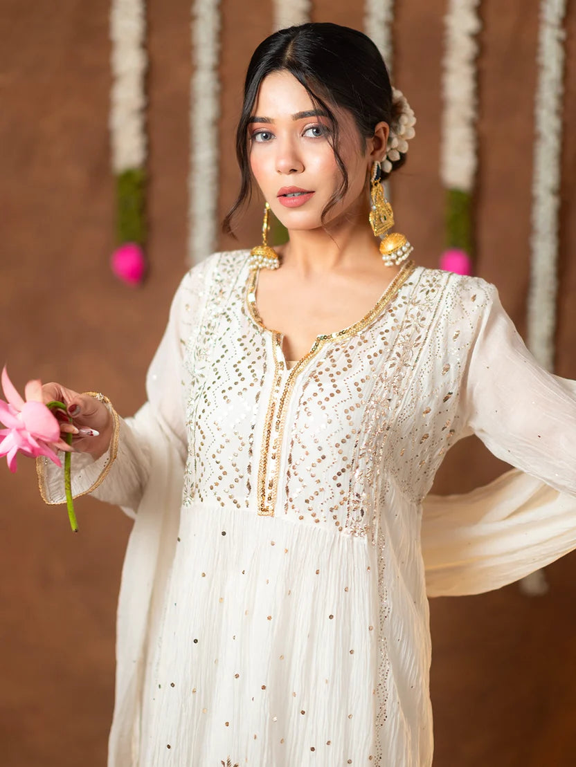Shanaya Mul Chanderi Chikankari Kurta Set - White