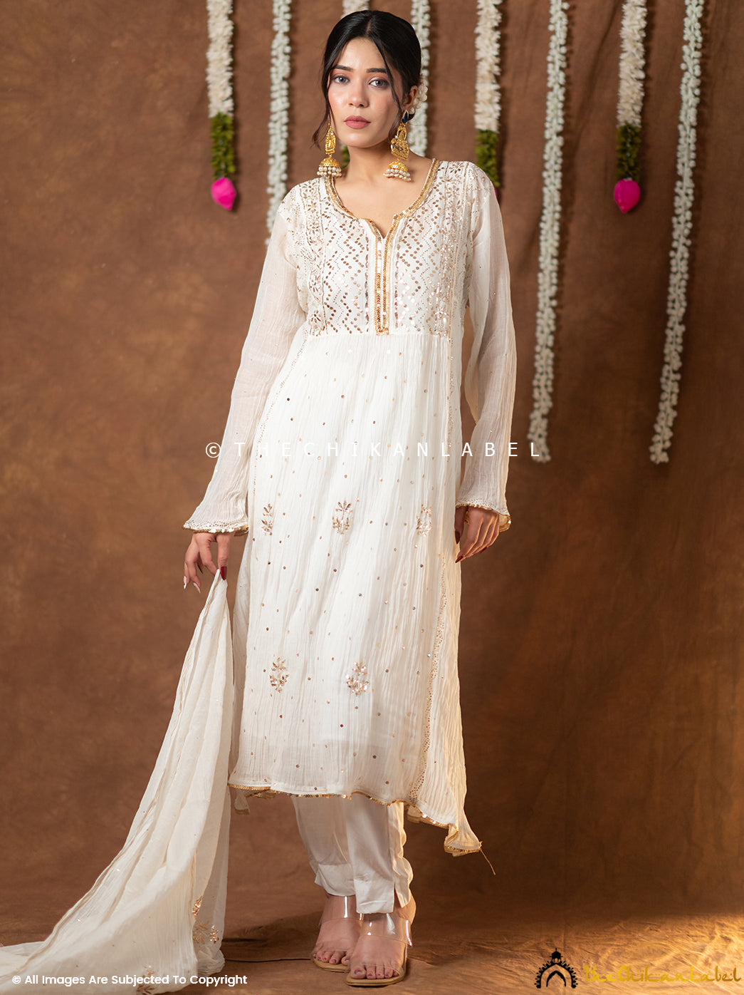 Shanaya Mul Chanderi Chikankari Kurta Set with Dupatta - White