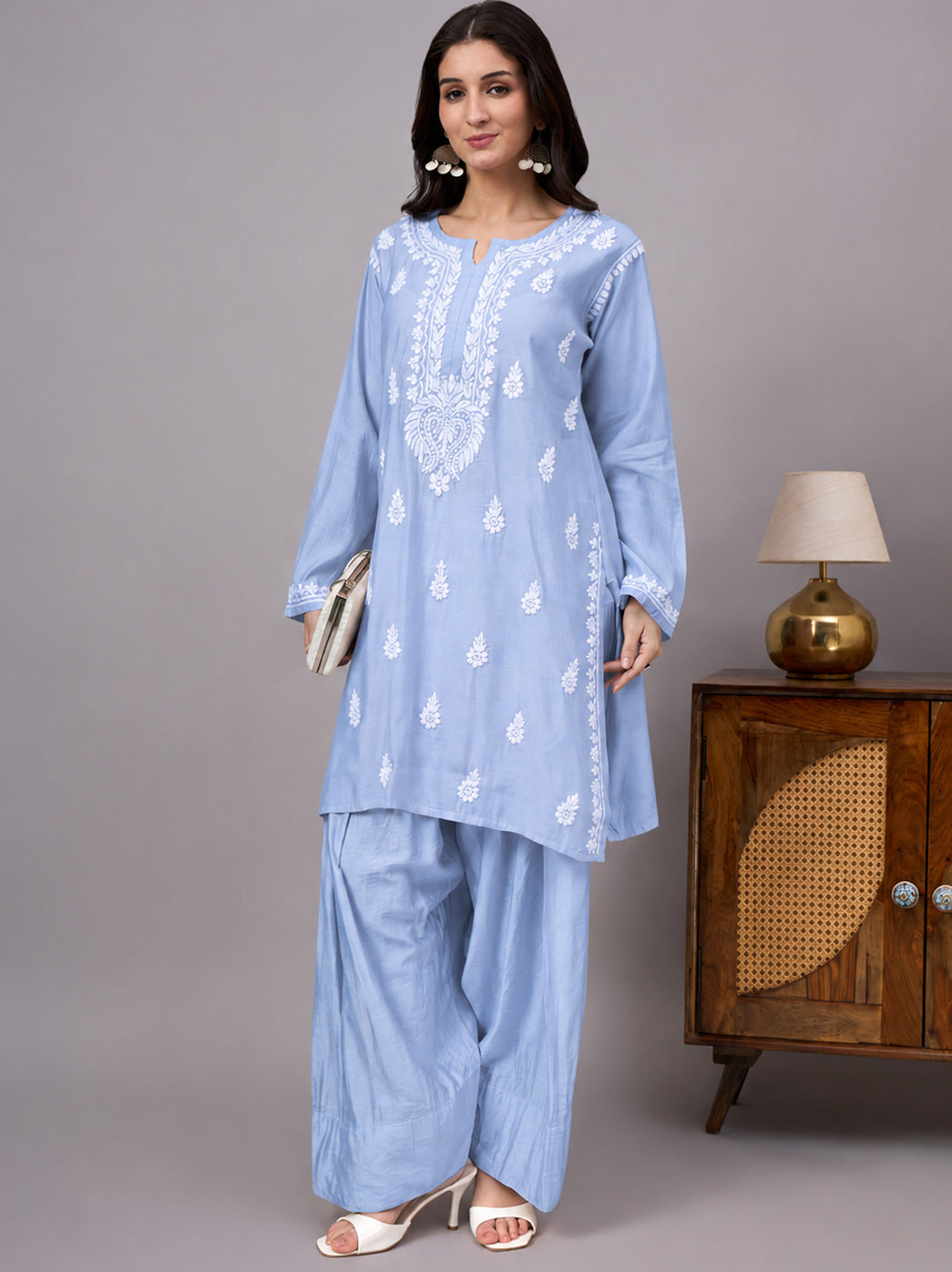 Sharvi Chanderi Chikankari Kurta Farshi Salwar Set - Blue