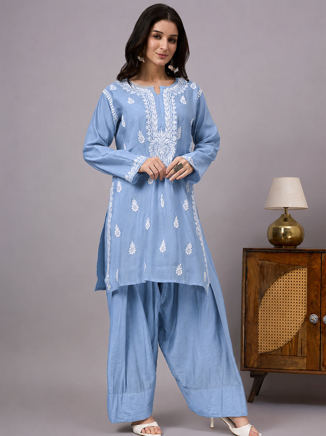 Sharvi Chanderi Chikankari Kurta Farshi Salwar Set - Blue