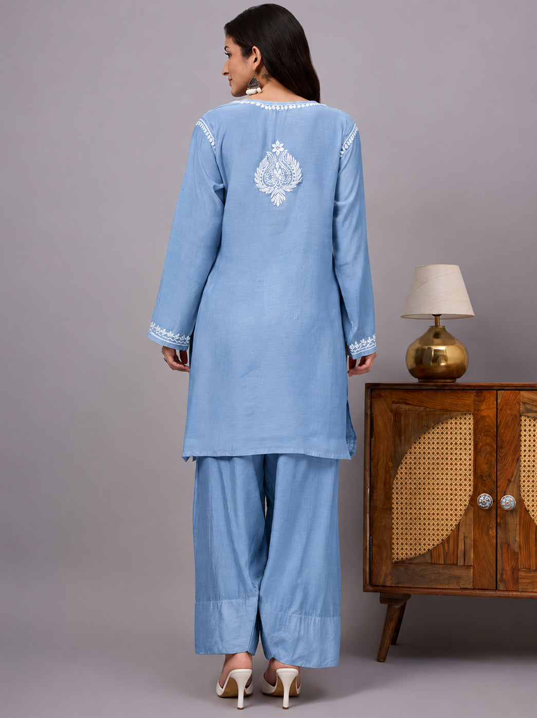 Sharvi Chanderi Chikankari Kurta Farshi Salwar Set - Blue