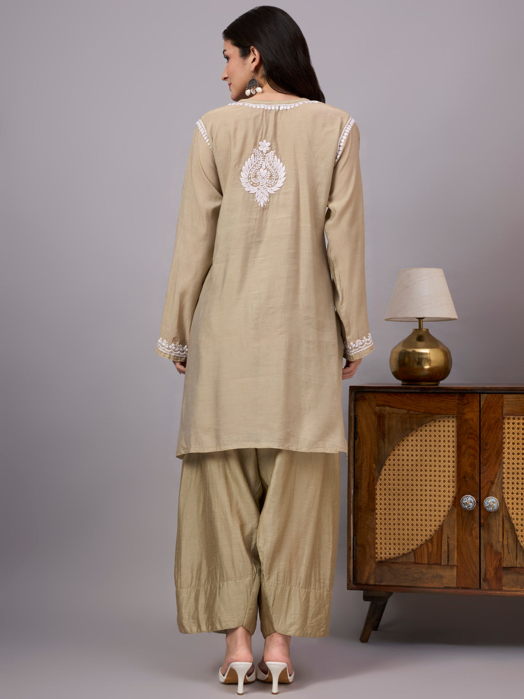 Designer Kurta Farshi Set with intricate hand embroidery, luxurious fabric texture and graceful traditional Indian silhouette