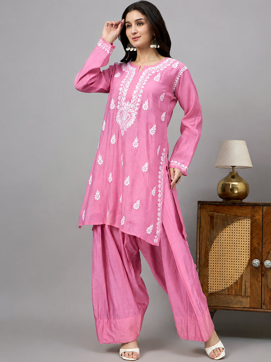 Sharvi Chanderi Chikankari Kurta Farshi Salwar Set - Pink