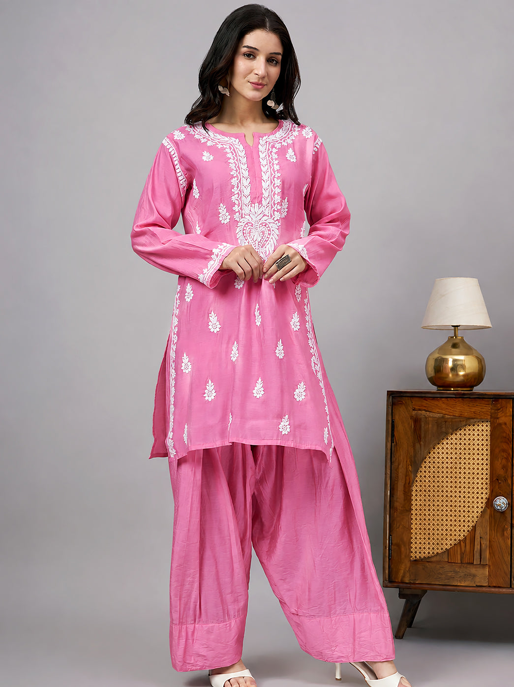 Sharvi Chanderi Chikankari Kurta Farshi Salwar Set - Pink