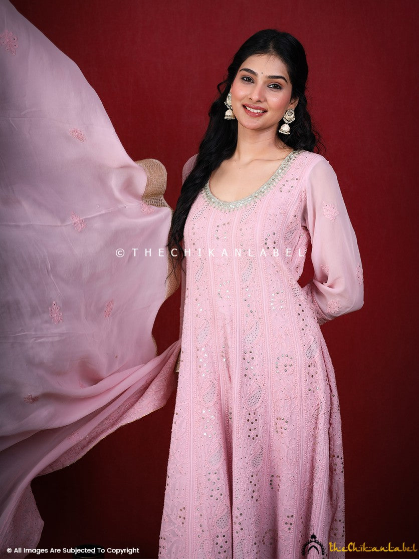 Shraddha Kapoor Pink Chikankari Anarkali Set ,Chikankari Anarkali Set in Viscose Fabric For Woman