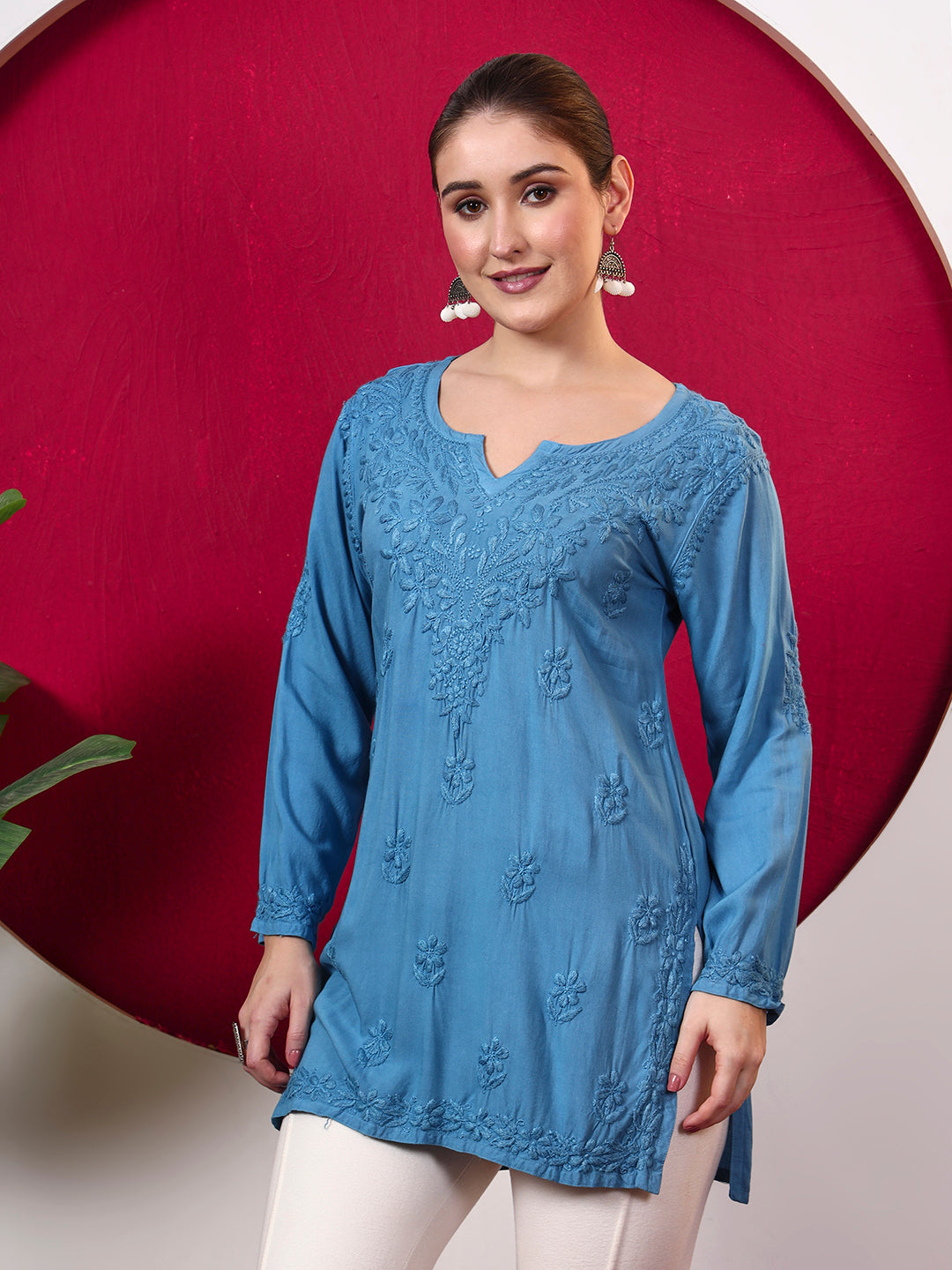 Women’s comfortable regular wear kurta crafted in soft rayon with floral Chikankari embroidery, full sleeves and a versatile short length that pairs easily with pants or jeans.