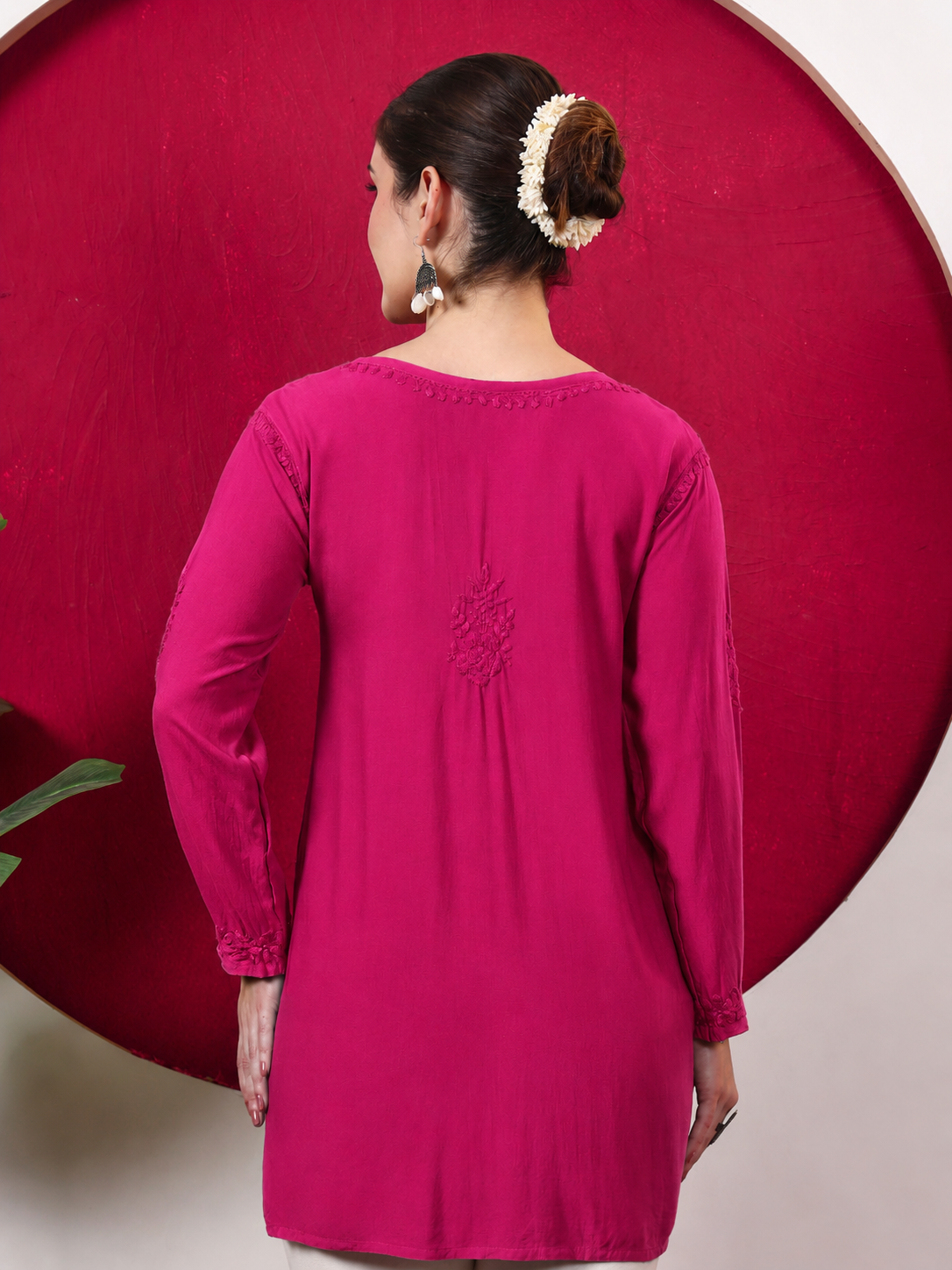 Shruti Rayon Short Kurti featuring handcrafted-style Chikankari floral embroidery and a versatile short silhouette, designed as a comfortable regular wear kurta for women.