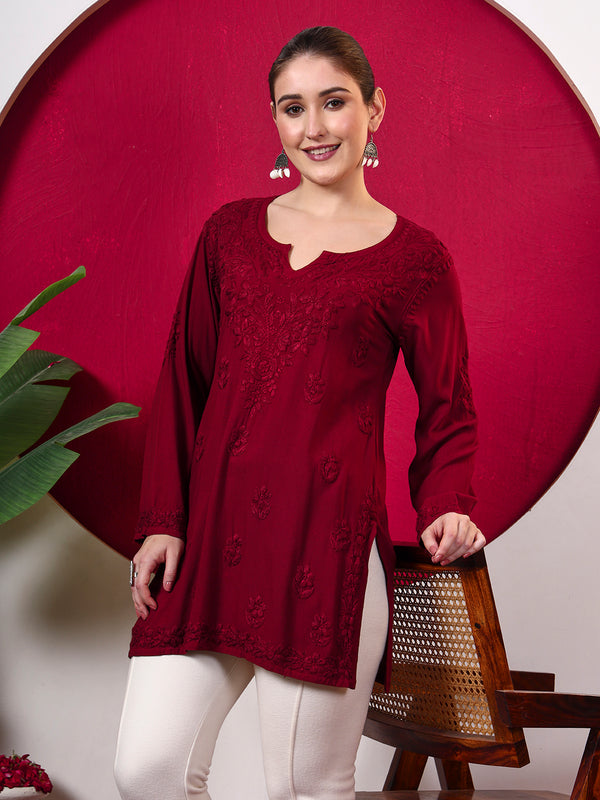 Close front view of the Shruti Rayon Short Kurti highlighting detailed Chikankari embroidery around the neckline, chest, sleeves and lower hem with a relaxed everyday fit.