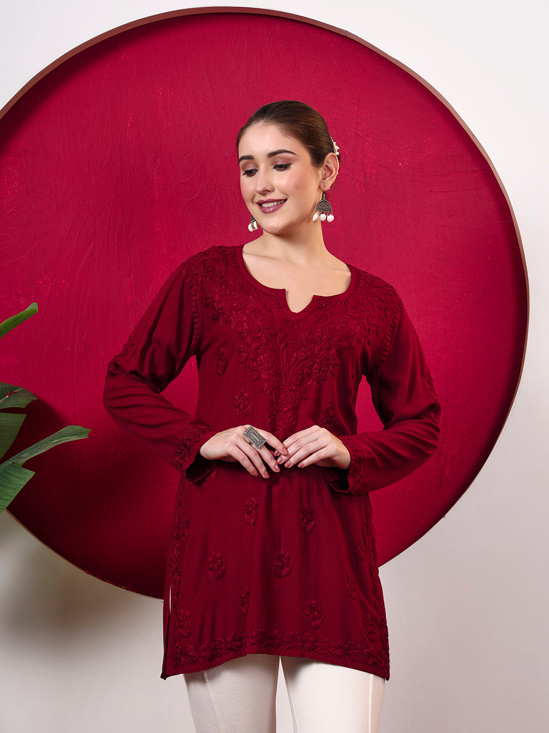 Shruti Rayon Short Kurti featuring handcrafted-style Chikankari floral embroidery and a versatile short silhouette, designed as a comfortable regular wear kurta for women.