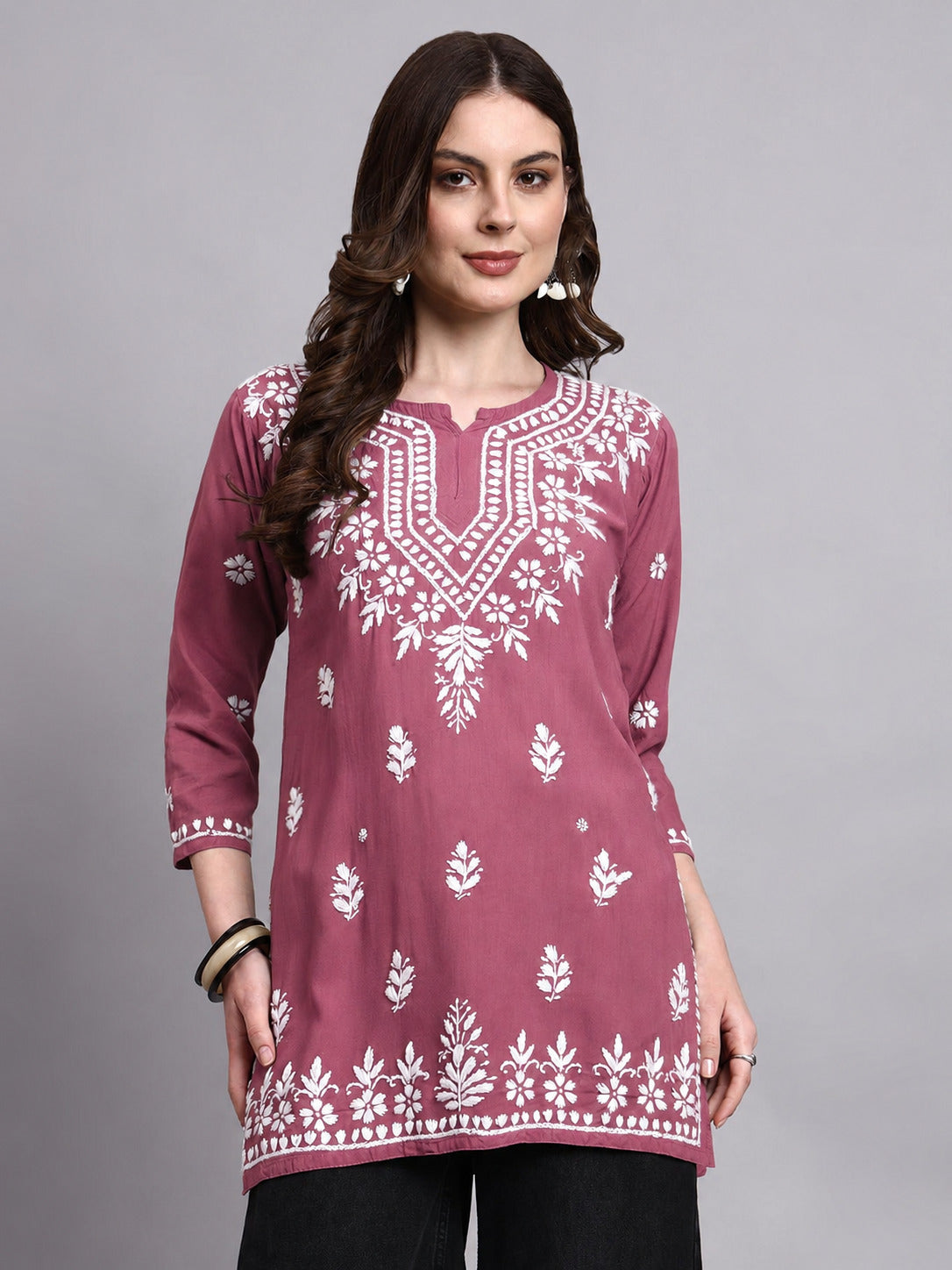 Siara Rayon Chikankari Short Kurta - Rose Pink