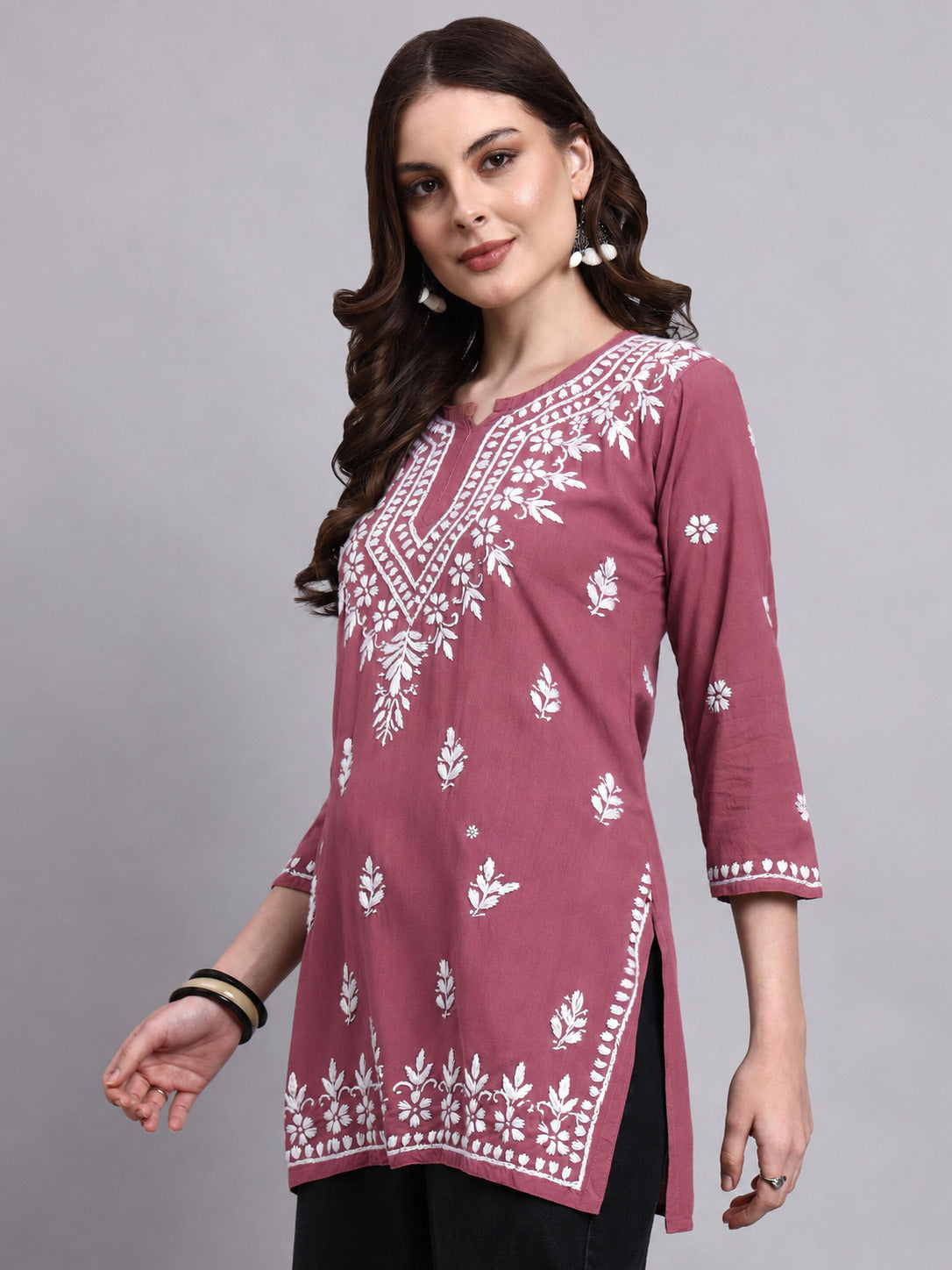 Siara Rayon Chikankari Short Kurta - Rose Pink