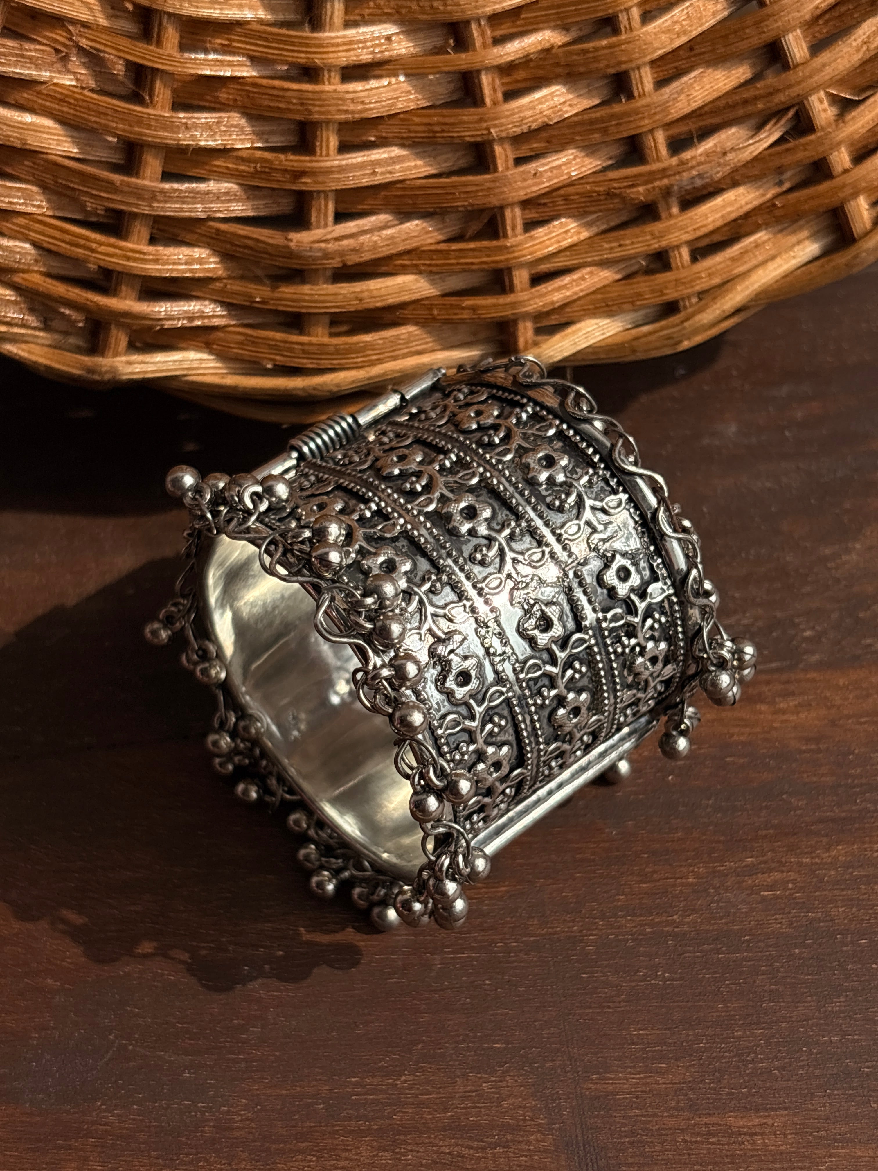 Zariya Oxidised Silver-Tone Ghungroo Broad Cuff Bracelet