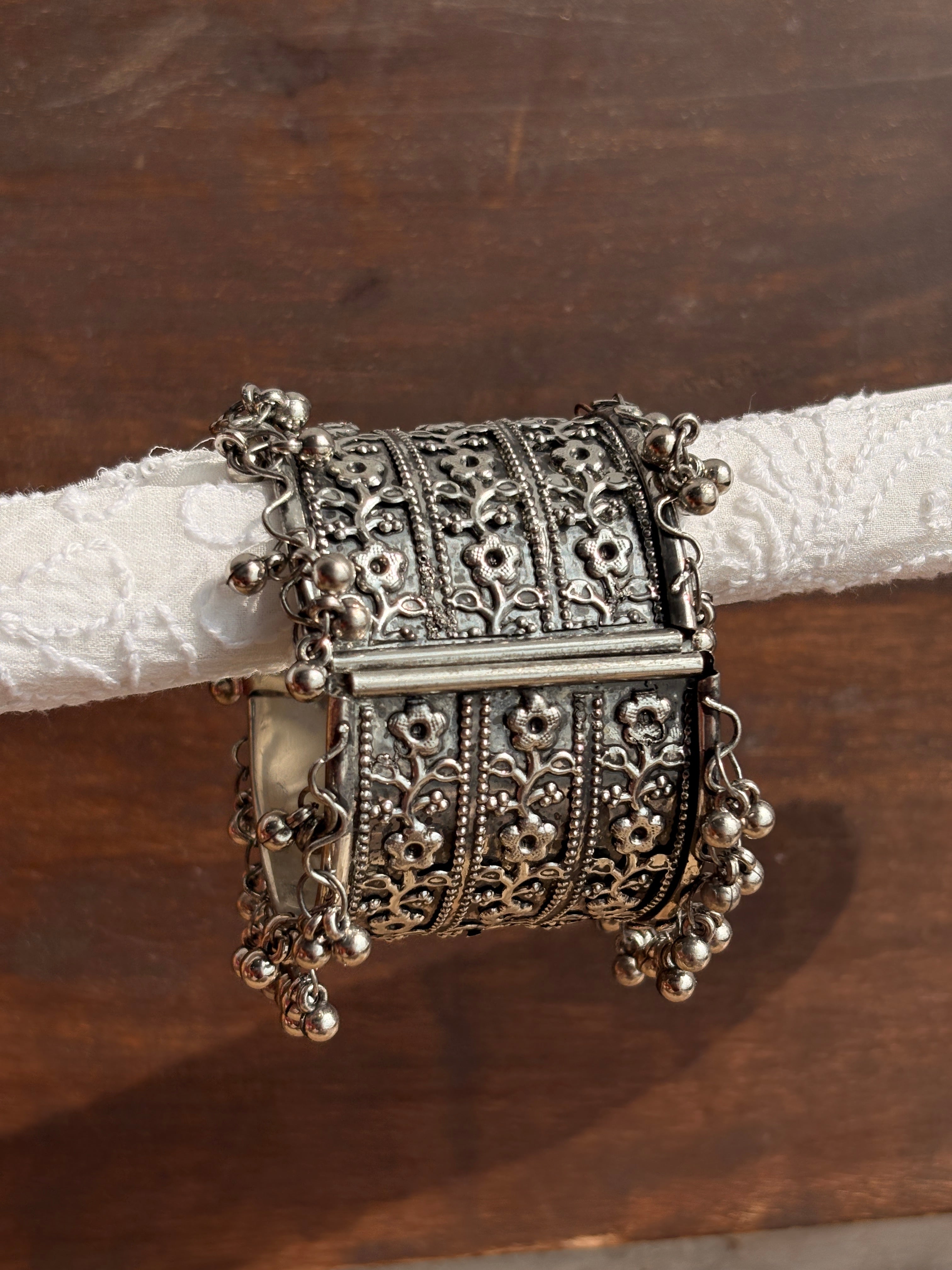 Zariya Oxidised Silver-Tone Ghungroo Broad Cuff Bracelet