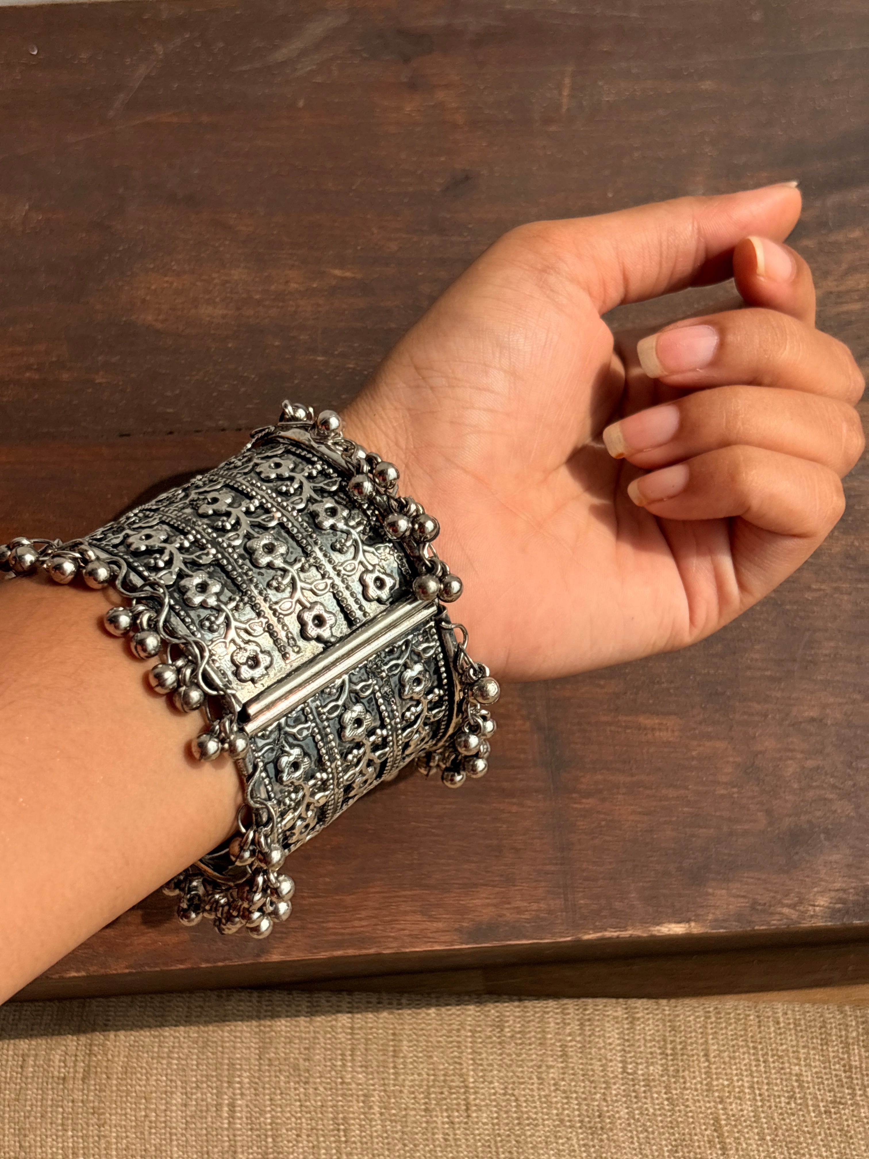 Zariya Oxidised Silver-Tone Ghungroo Broad Cuff Bracelet
