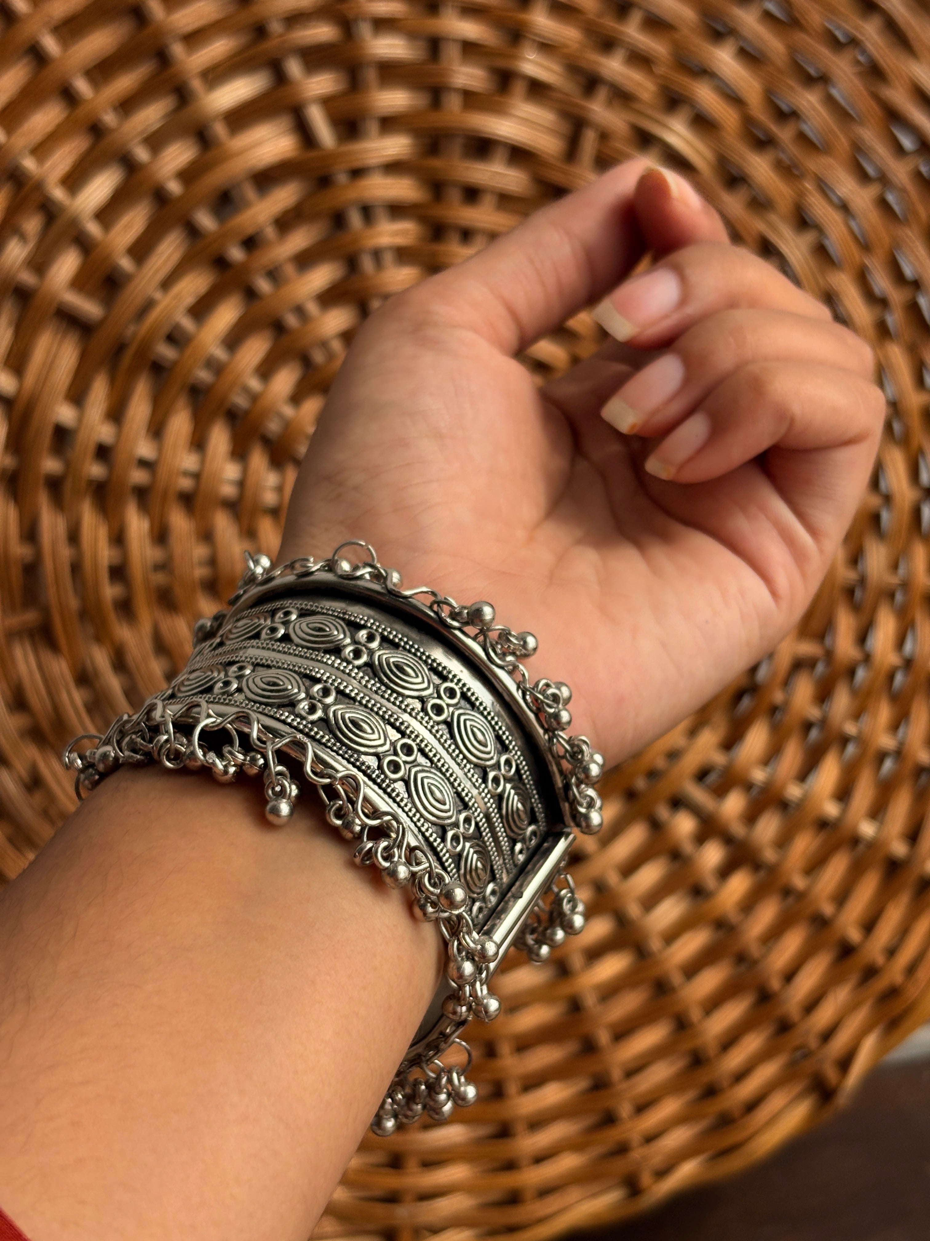 Noori Oxidised Silver-Tone Small Ghungroo Cuff Bracelet