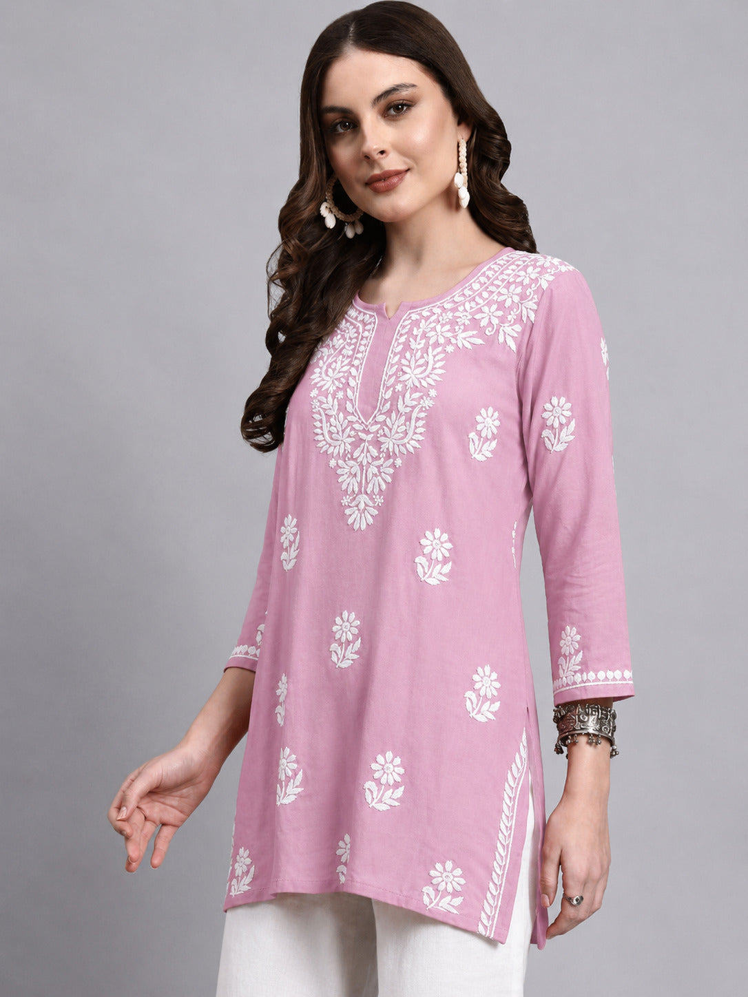Sirat Rayon Short Top for women with traditional Chikankari-inspired floral detailing, short kurta styling and soft fabric designed for comfortable regular wear.