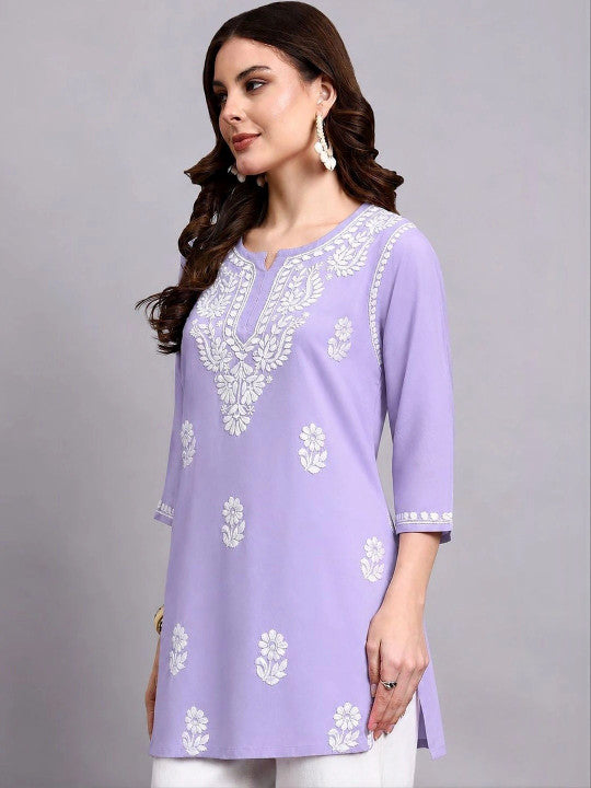 Sirat Rayon Short Top for office and college wear featuring elegant Chikankari embroidery, comfortable 3/4 sleeves and a contemporary short kurti silhouette.
