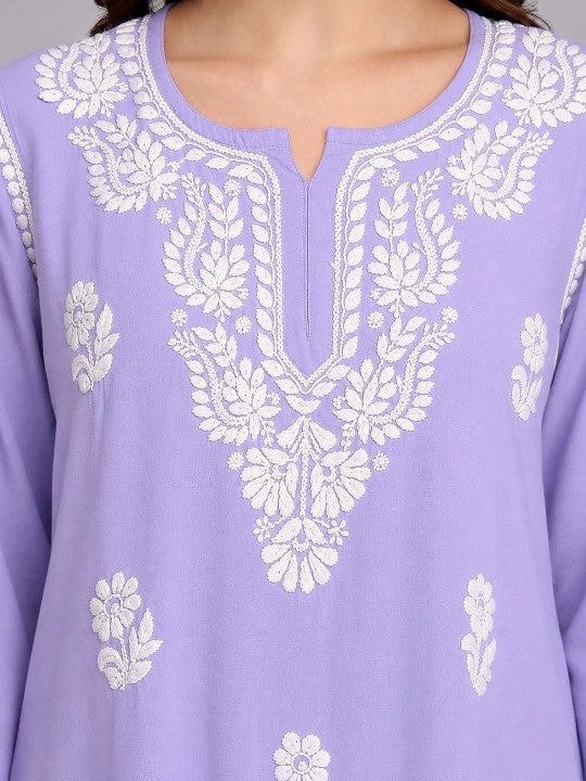 Traditional Chikankari short kurti for women made from soft rayon fabric with embroidered floral motifs and an easy relaxed fit for all-day comfort.