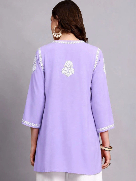 Comfortable regular wear Chikankari top for women with detailed embroidery across the neckline, sleeves and body, perfect for casual outings and everyday styling.