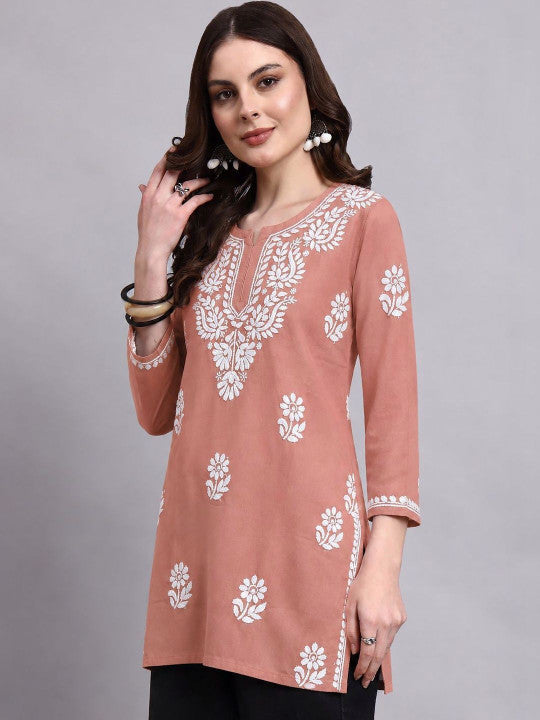 Sirat Rayon Chikankari Short Kurta - Peach