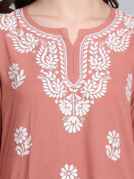 Sirat Rayon Chikankari Short Kurta - Peach