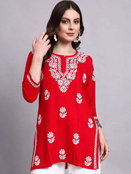 Sirat Rayon Short Top for women featuring elegant Chikankari embroidery, 3/4 sleeves and a comfortable short kurti silhouette for everyday ethnic wear.