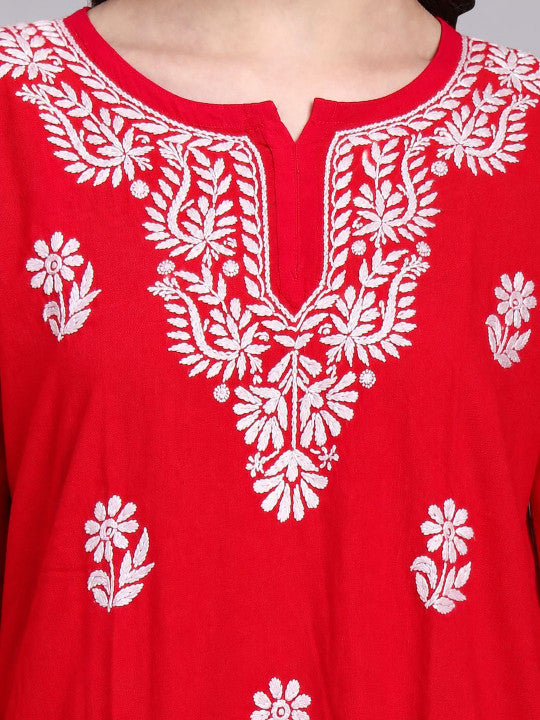 Women’s Sirat Rayon Short Top with detailed floral Chikankari embroidery, soft rayon fabric and a relaxed fit suitable for office, college and casual outings.
