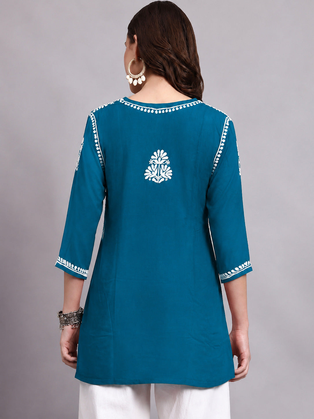 Sirat Rayon Short Top for women with traditional Chikankari-inspired floral detailing, short kurta styling and soft fabric designed for comfortable regular wear.