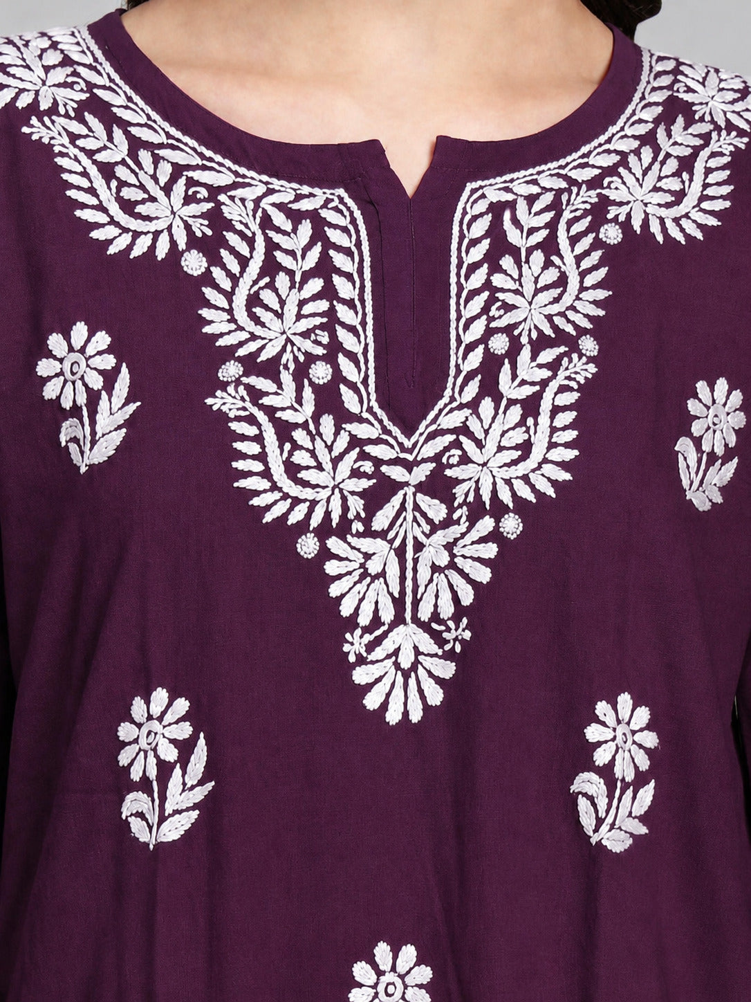 Sirat Rayon Short Top for women featuring elegant Chikankari embroidery, 3/4 sleeves and a comfortable short kurti silhouette for everyday ethnic wear.