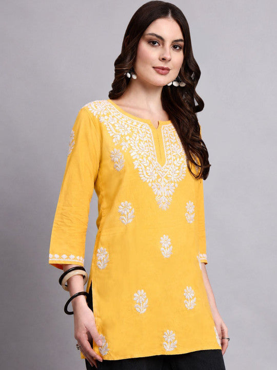 Elegant Sirat Rayon Short Top for women with detailed Chikankari work around the neckline and sleeves, designed as a comfortable regular wear top.