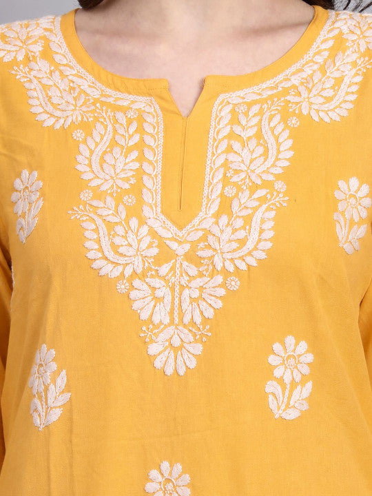 Sirat Rayon Short Top with embroidered neckline detailing, scattered floral motifs and 3/4 sleeves, ideal for comfortable daily ethnic and Indo-western looks.
